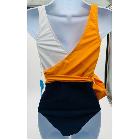Cupshe Swimsuit One Piece Women Medium Color Block Yellow White Blue V Neck Chic - Picture 5 of 13